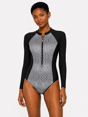AS ROSE RICH Long-Sleeve Rash Guard Front Zip Swimsuit - Gray and Black SIZE MED